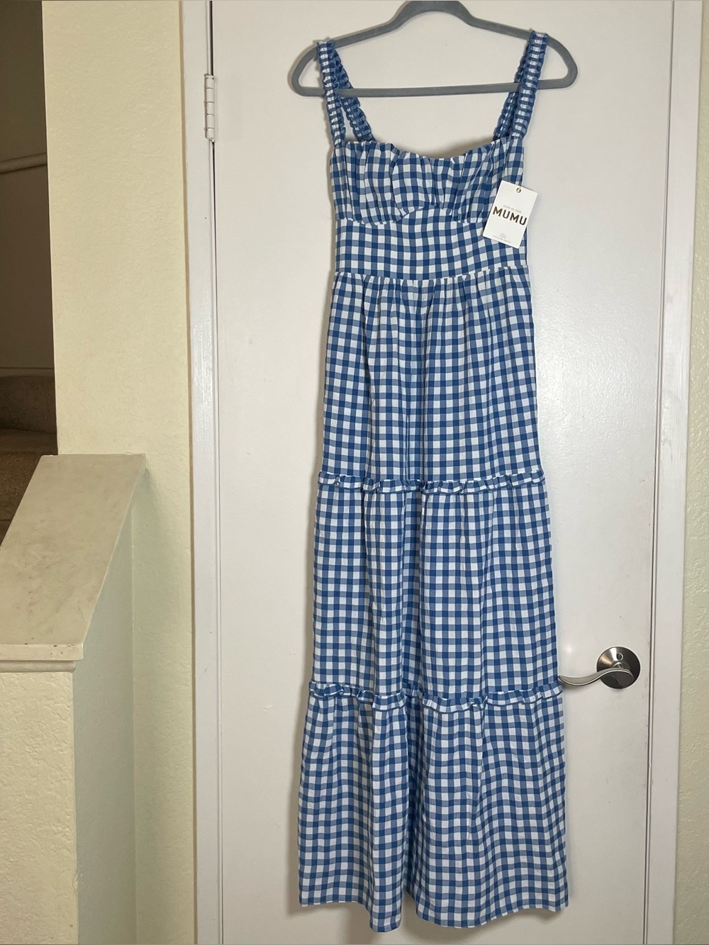 Show Me Your Mumu Blue White Gingham Maxi Dress
Square Neck Tiered Strappy XS